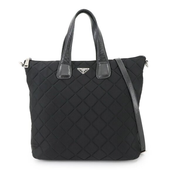 PRADA 2way Tote Shoulder Bag Quilting Nylon Leather Black Purse 90285096 - Picture 1 of 11
